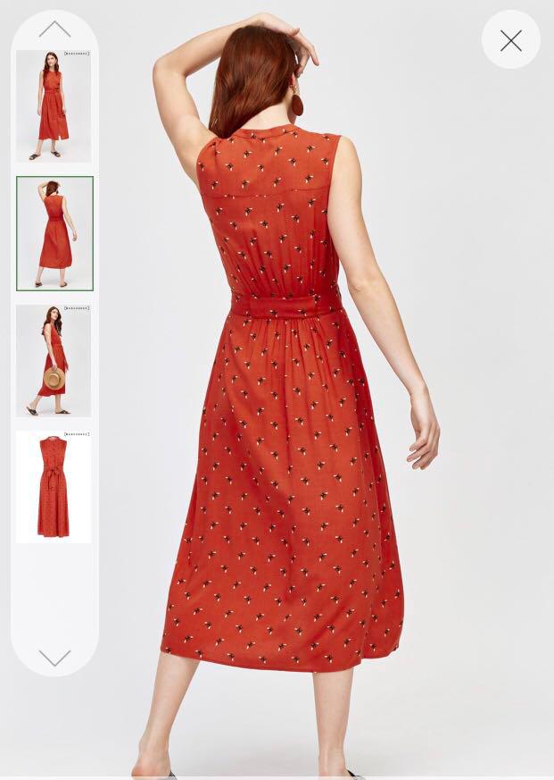 WAREHOUSE Orange Bee Button Down Belted Tie Waist Midi Maxi Dress