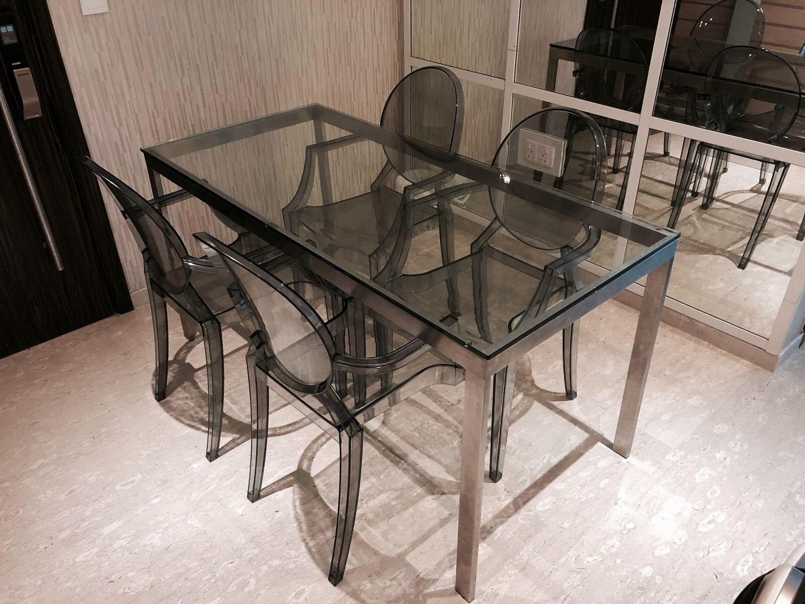glass top dining table  kartell louis ghost chair replica
