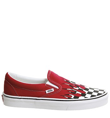 vans classic slip on trainers racing red checkerboard flame