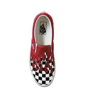 vans classic slip on racing red checkerboard flame