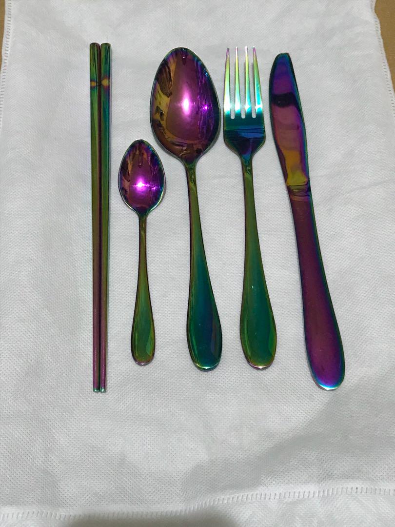 Stainless Steel Complete Cutlery Set (Category: Dinnerware & Cutlery) located in Pateros City. Submitted by chichachanceonestopshoppe (Listing ID 188415538, Image 1). Description: Stainless Steel Complete Cutlery Set for Sale!❤️ Available colors: Mermaid/Multicolor Black Gold Silver Php 600.00 / set with free Colored Pouch of your choice #HandStitchedByChinkay #SwitchToReusableDitchDisposable.
