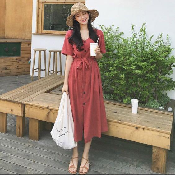 red linen wrap dress