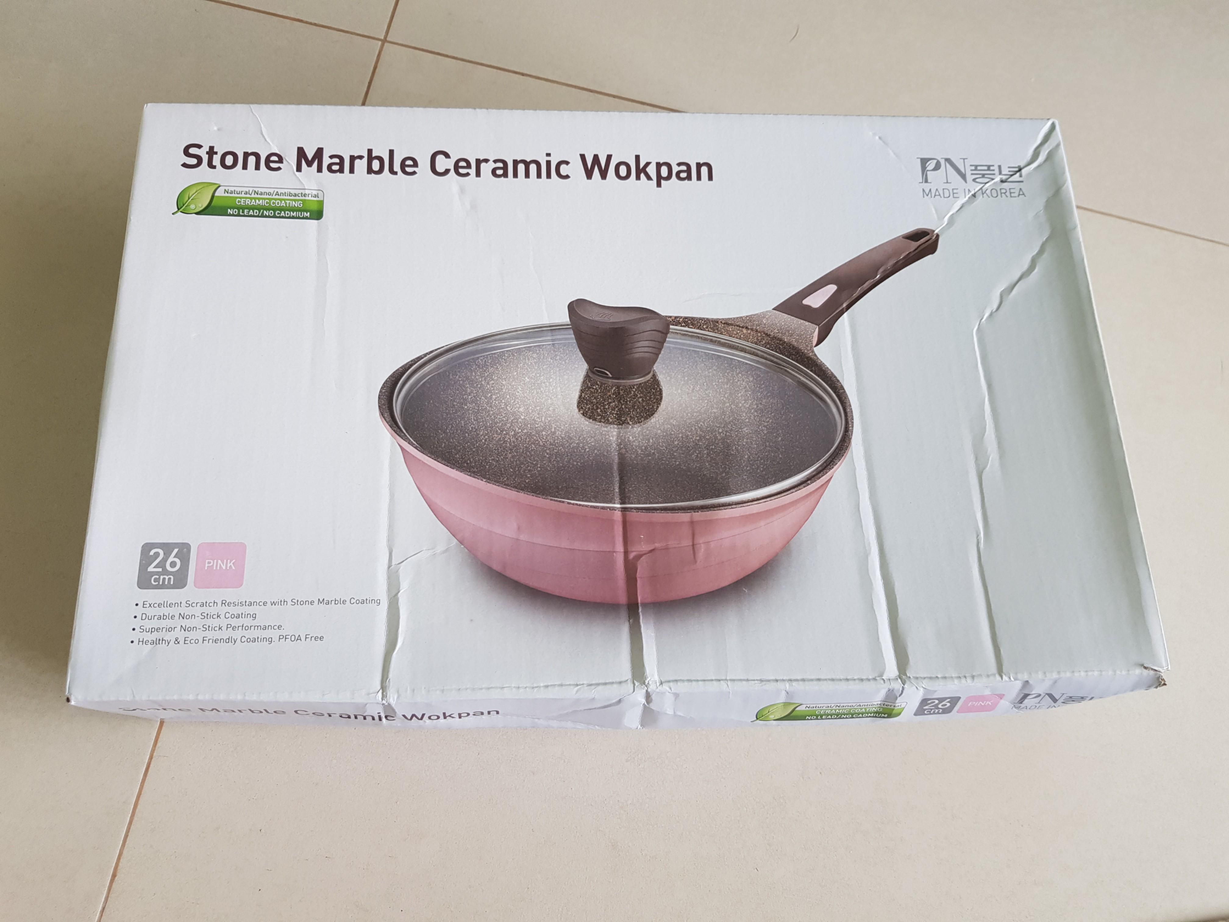 Korean Stone Marble Ceramic Wok Pan (Pink), Furniture & Home Living