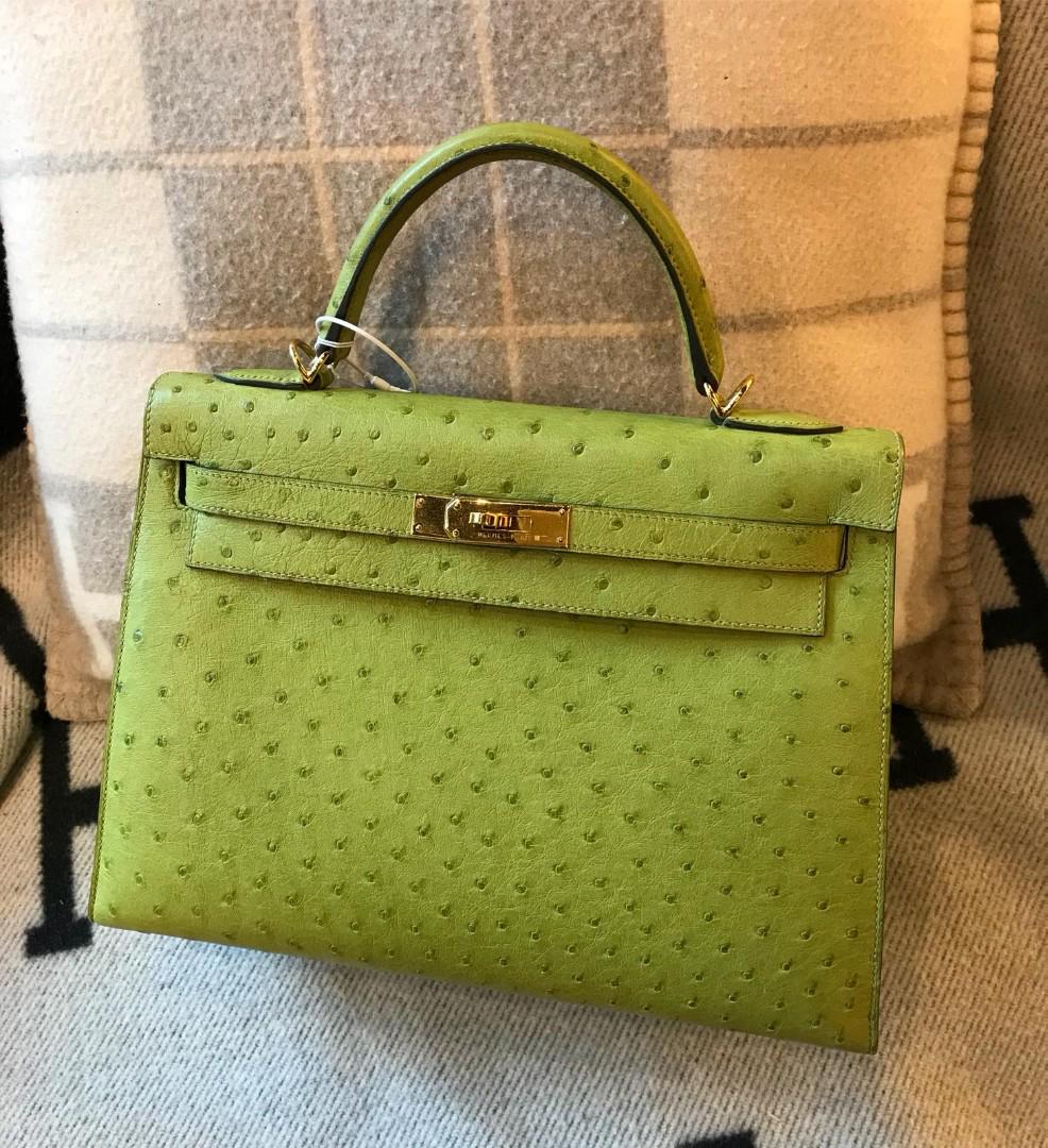 Kelly 32 Ostrich Vert Anis GHW, Luxury, Bags & Wallets on Carousell