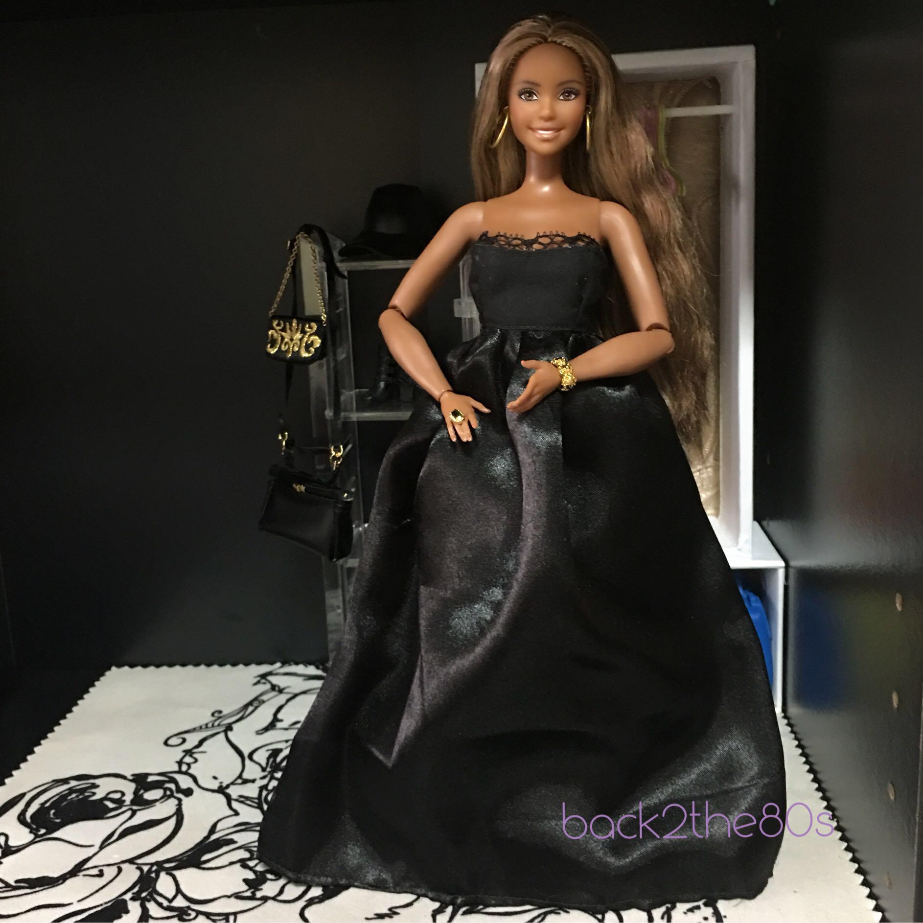 Barbie Doll Clothes Black Long Bustier Gown Set Gown Shoes Earrings for Curvy barbies