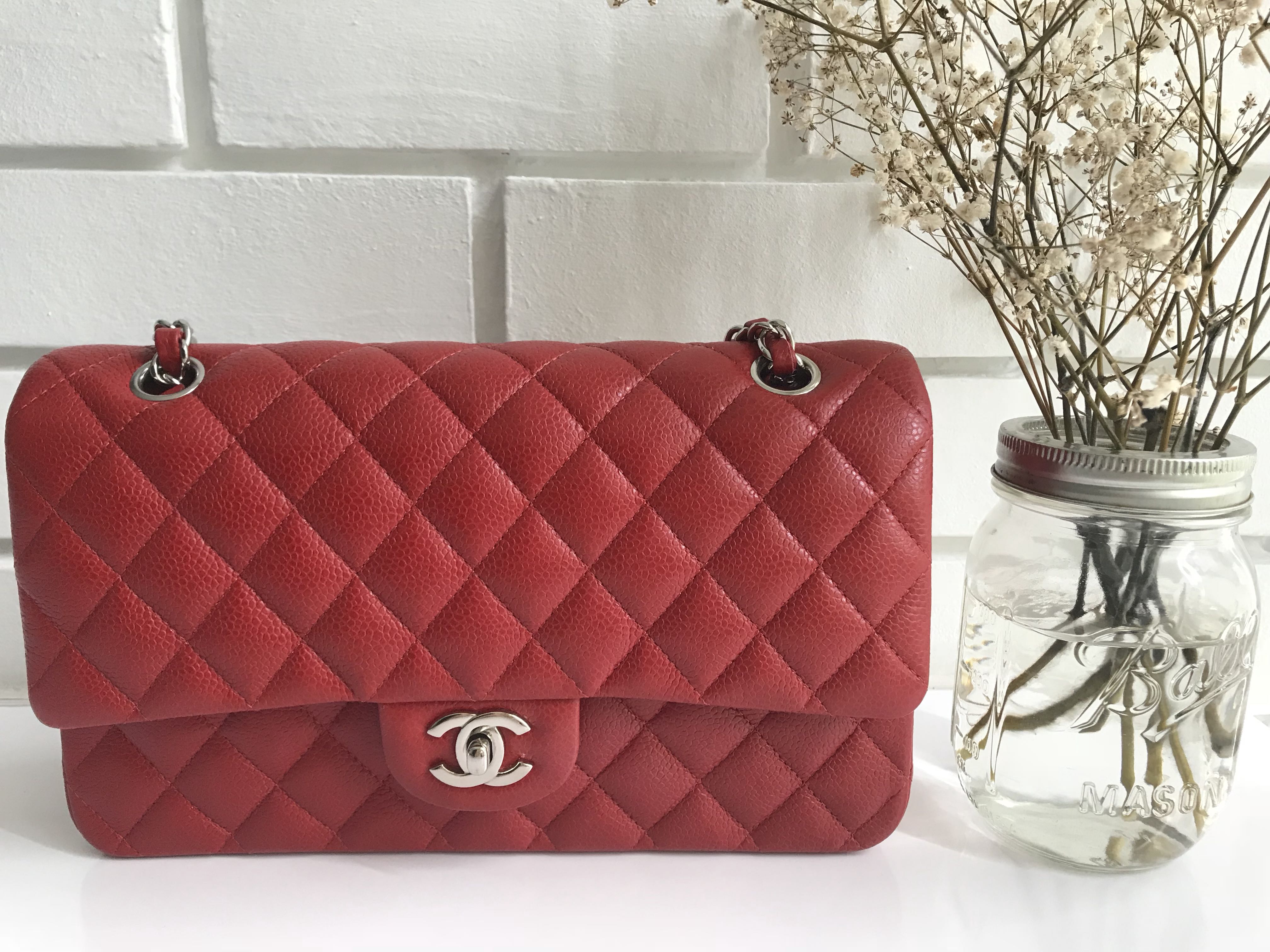 Chanel Medium Classic Red Caviar GHW  Designer WishBags
