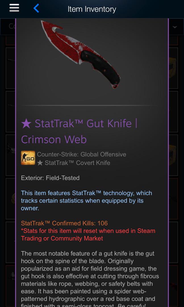 Crimson Web Gut Knife Stat Trak Ft Toys Games Video Gaming In Game Products On Carousell - crimson web knife roblox