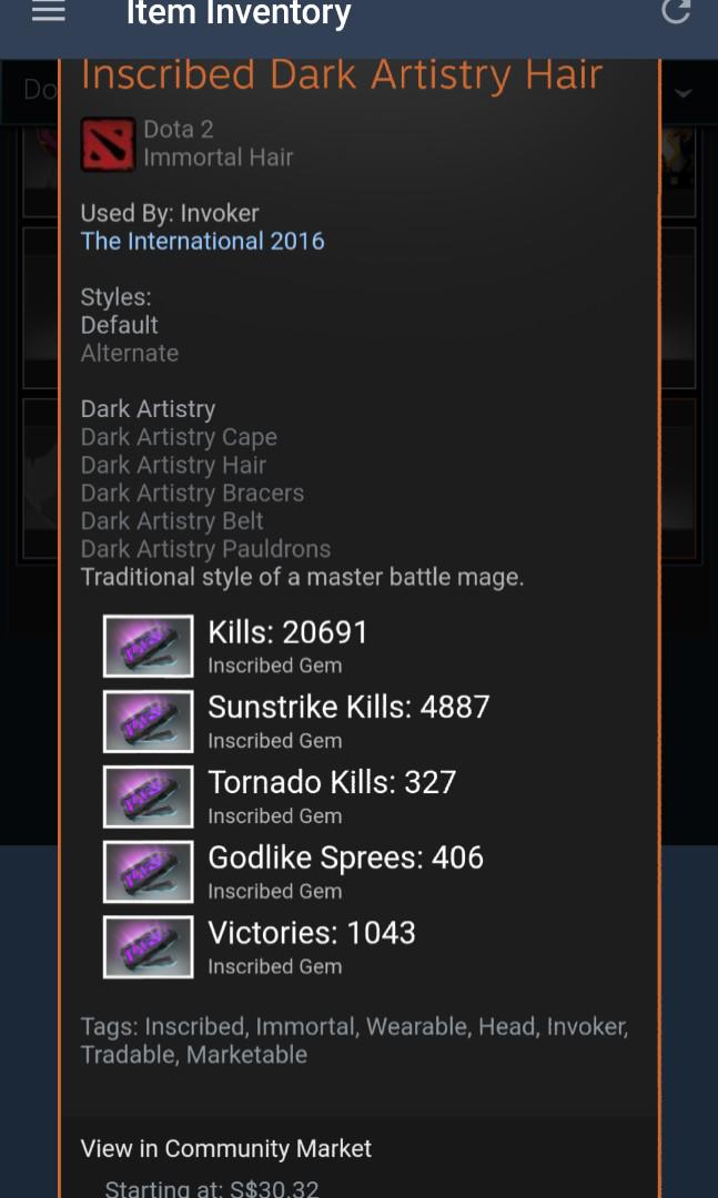 Dota 2 Dark Artistry Set With Full Slotted Gems 20k Kills Etc