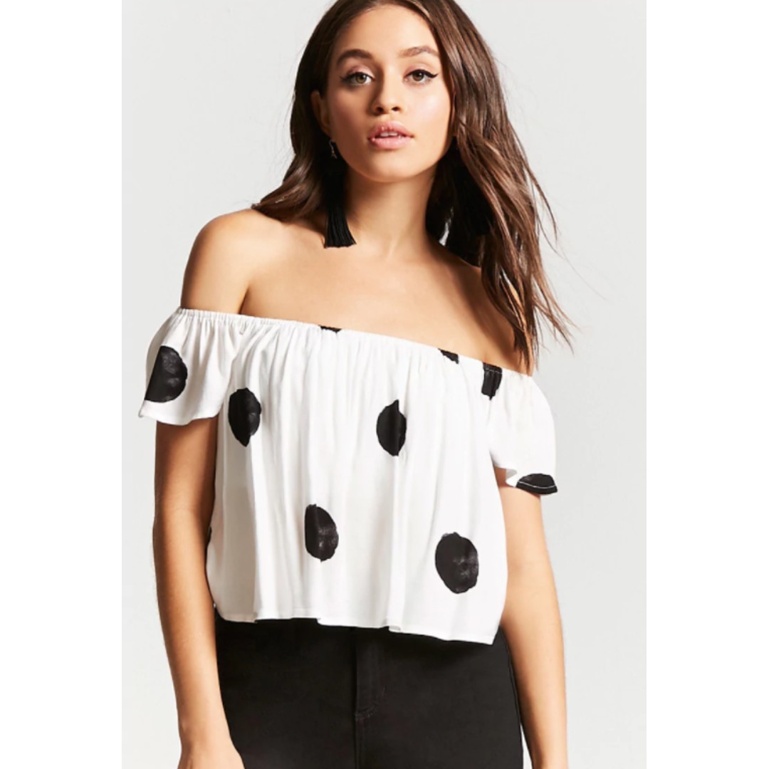 black and white polka dot off the shoulder top