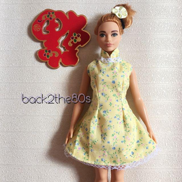 Handmade Barbie Doll Clothes Floral Cheongsam For Curvy Dolls