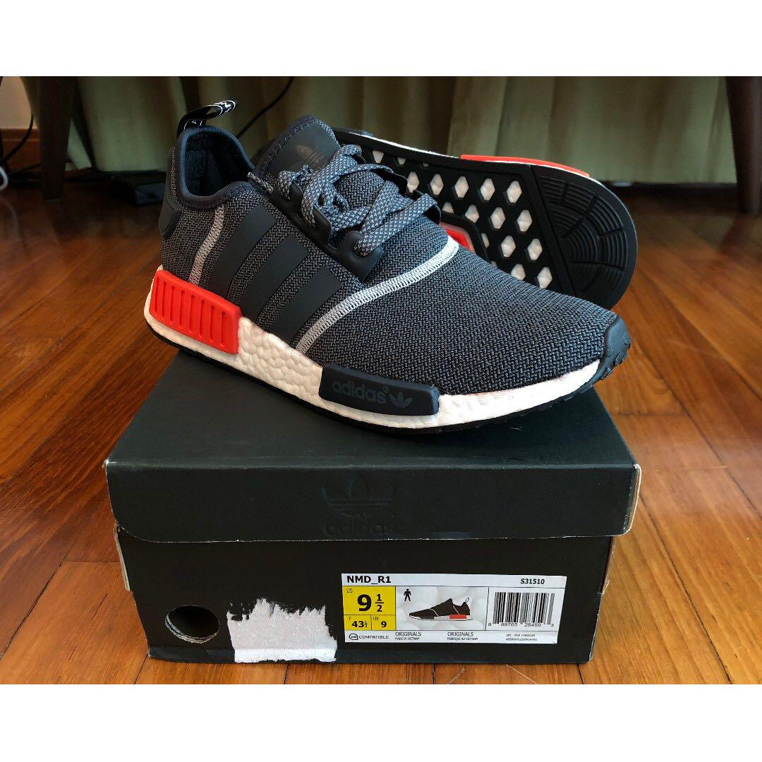 ONLY $150!!!! RARE Adidas NMD R1 WOOL GREY GRAY REFLECTIVE INFRARED RED pk  og tri color triple black human race bape 9.5, Men's Fashion, Footwear,  Sneakers on Carousell