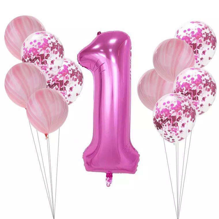11 Pieces Baby Girl 1 Year Birthday Party Balloon Set Confetti