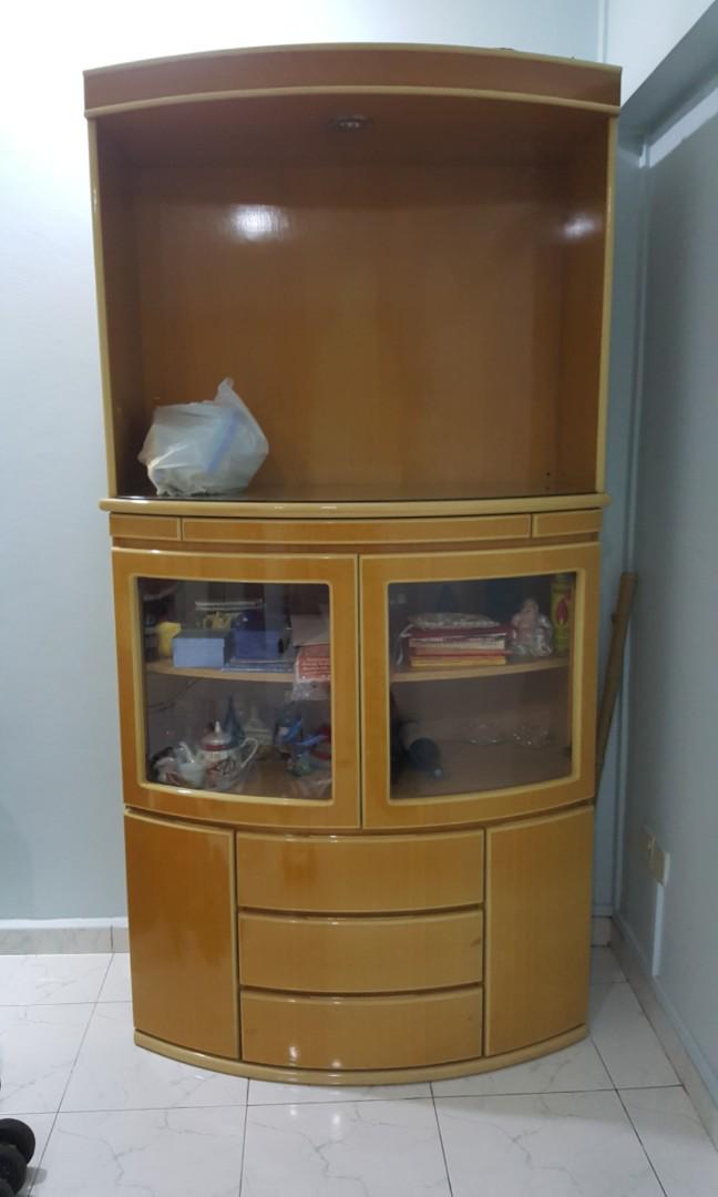 Altar Table (Category: Tables & Sets) located in Singapore. Submitted by jennytct19 (Listing ID 189177982, Image 1). Description: Local made Unique design - Curved front Condition 7.5/10 Width 43" Lower height 50" Upper height 33" Side depth 16" Material: MDF wood Glass on table Pull out tray Lighting point on top Urgent clearance Sincere buyer gets best price.