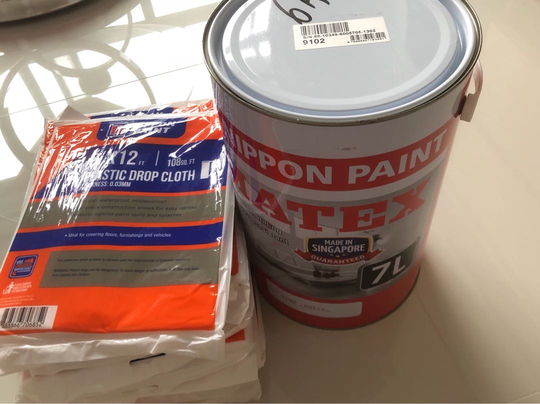 Nippon Paint Matex 7L + 12pcs plastic drop cloth, Everything Else on