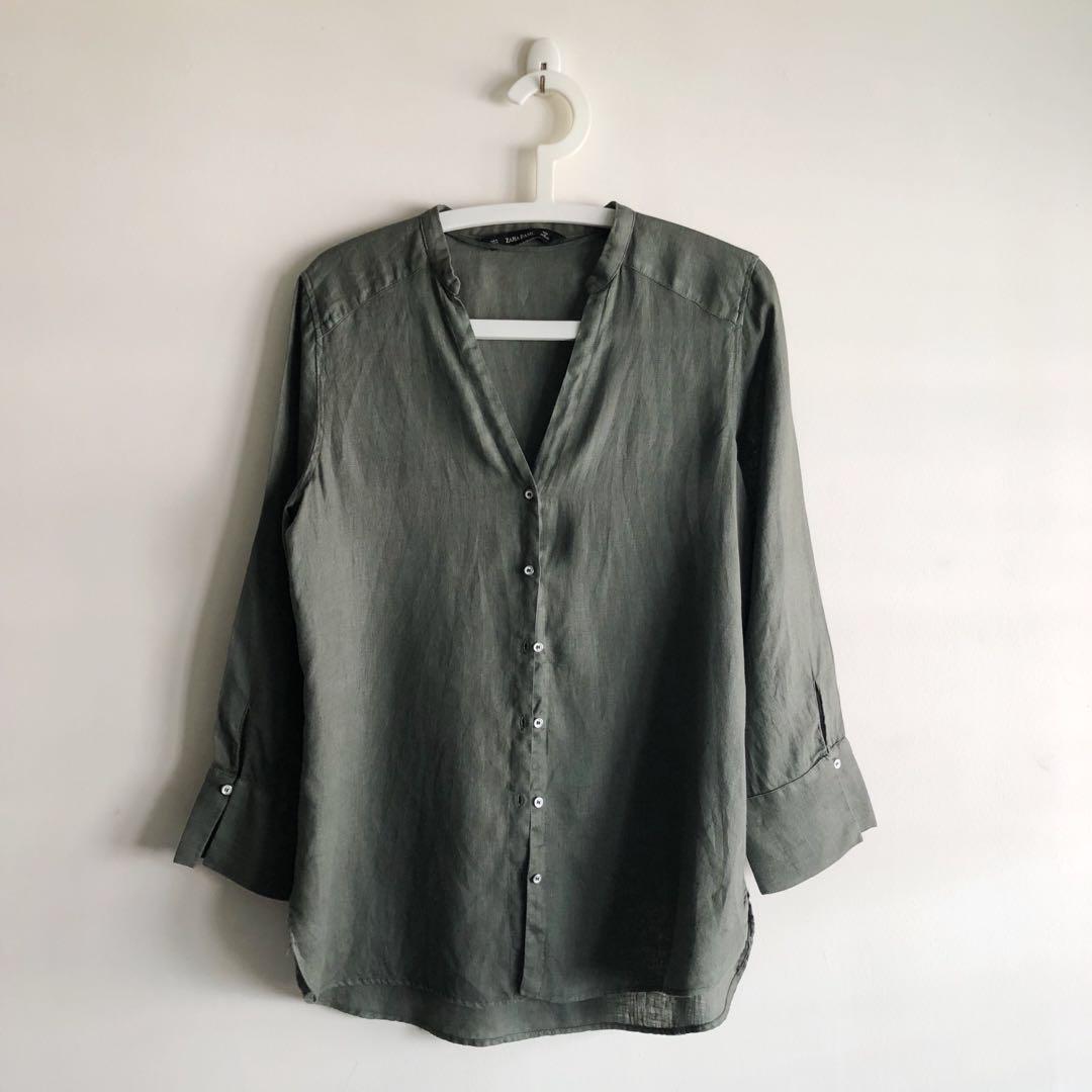 ZARA Linen Shirt in Olive Green, Women 