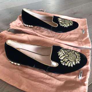 MiuMiu Burdeos Embroidered Crystal Accented Flats in Black