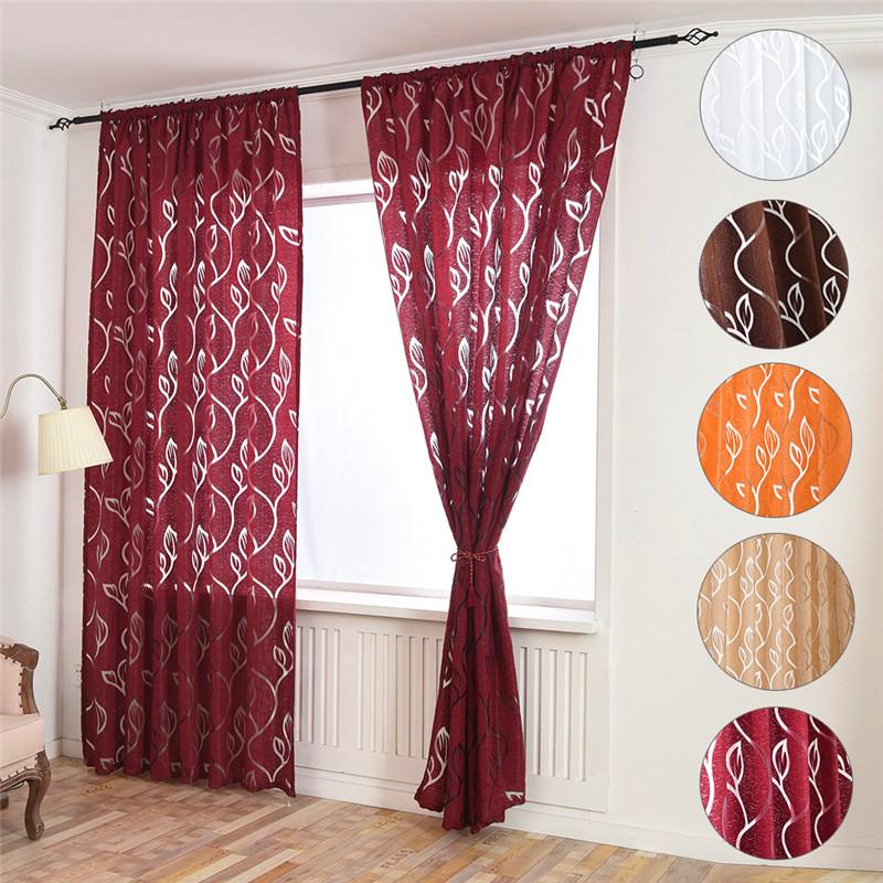2pcs Living Room Leaf Pattern Voile Window Curtain Sheer Panel