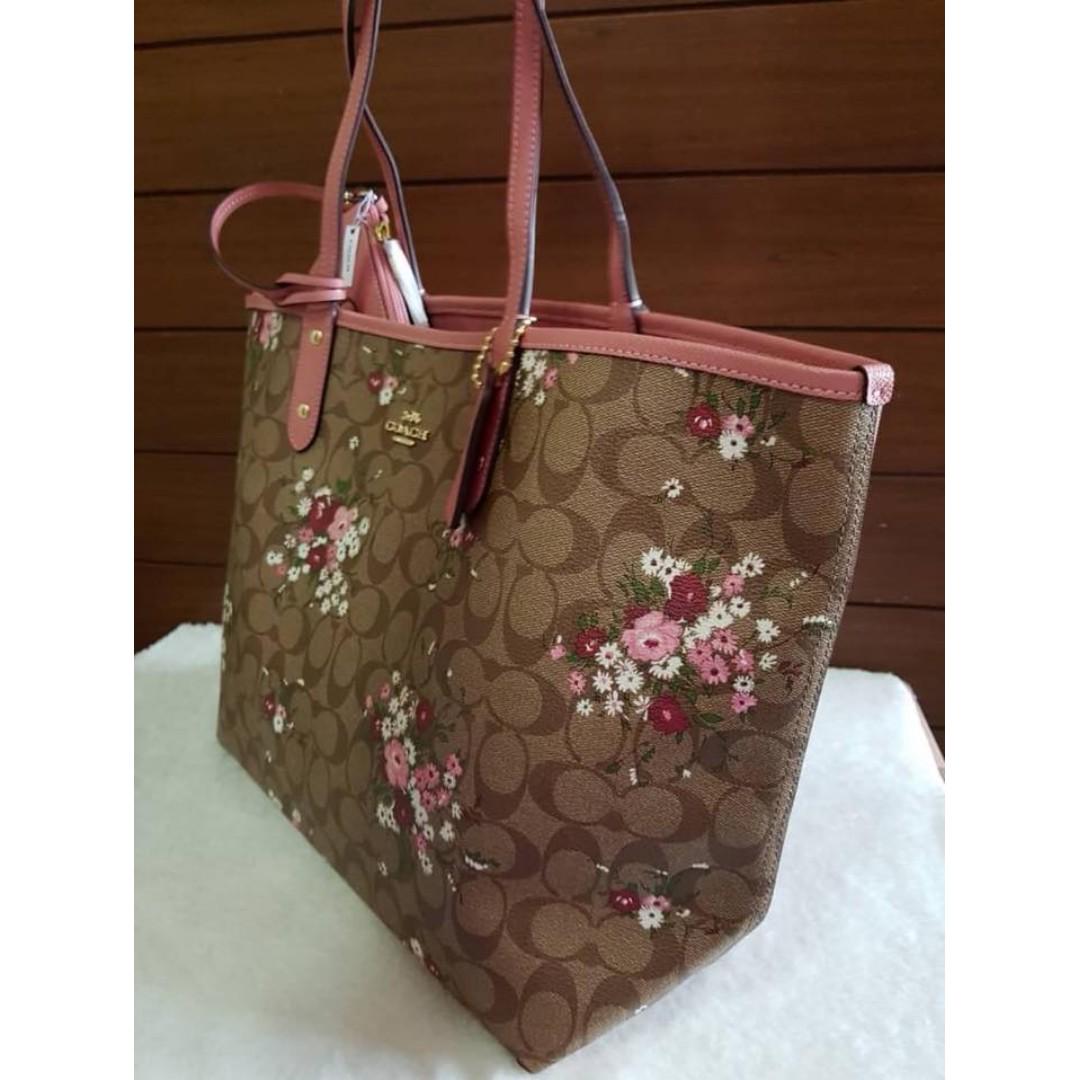 Authentic Coach Floral Print Reversible Tote F29547 Khaki Pink