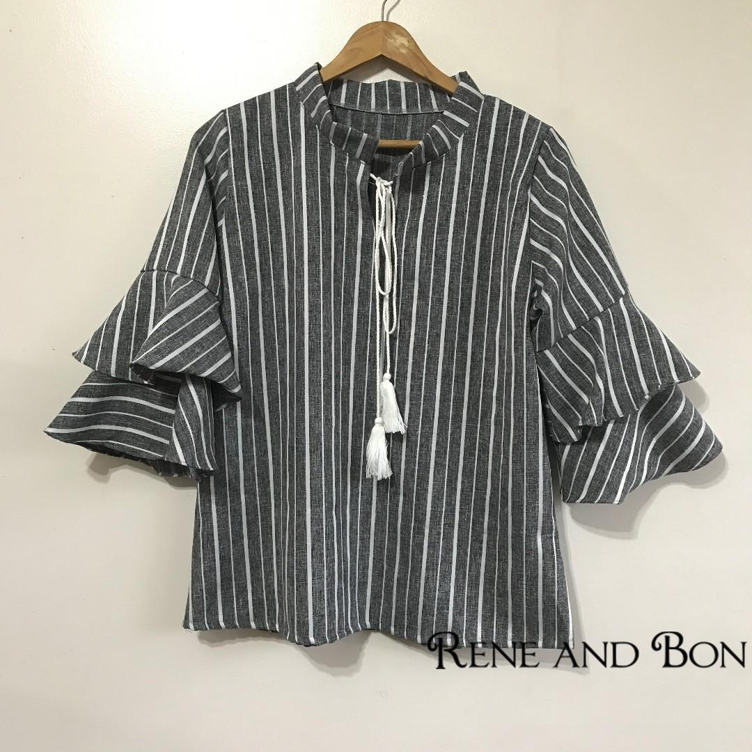 Brand New Mandrain Collar With String Tie Cascade Sleeve Grey