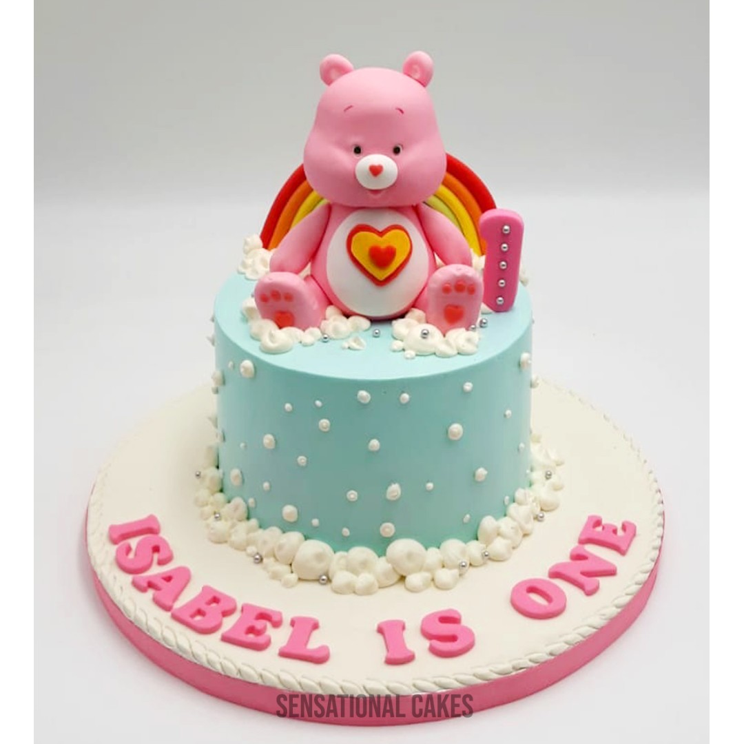 Care Bear Pink Rainbow Theme Baby Girl 1st Birthday Cream Cake