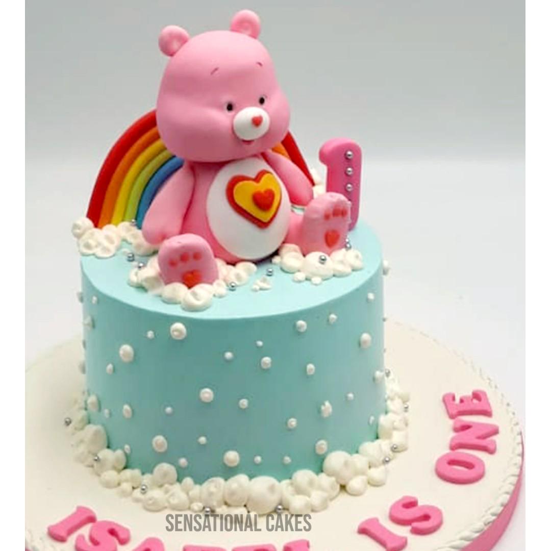 Care Bear Pink Rainbow Theme Baby Girl 1st Birthday Cream Cake