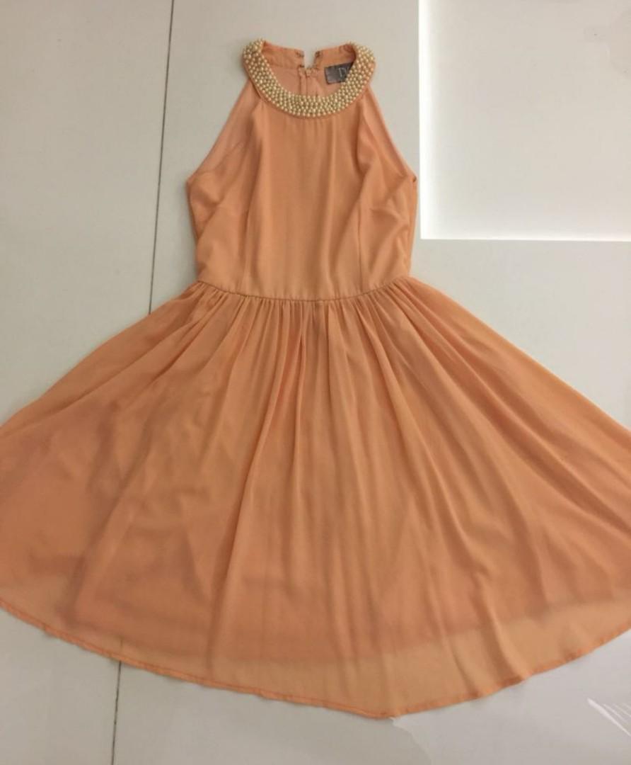 Peach halter dress with pearl sequence, Women's Fashion, Dresses & Sets