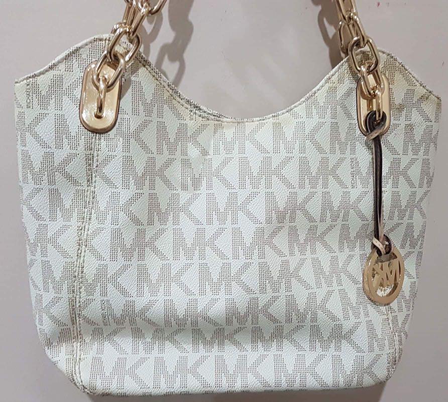 Michael Kors White Monogram Gold Chain Lilly Tote Shoulder Bag