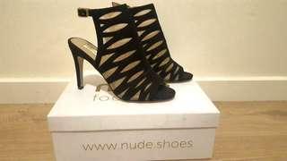 NEW 'Nude Footwear' Black Peep-toe Boot Heels 100% Suede [37]
