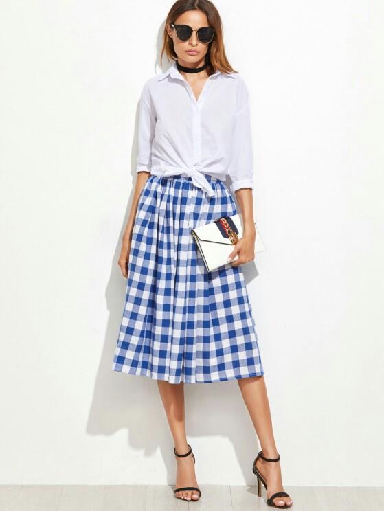 Blue plaid deals midi skirt