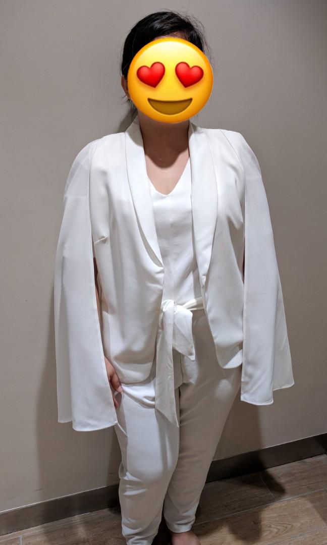 Plus size all white pantsuit jumpsuit and matching white coat Women s Fashion Coats Jackets and Outerwear on Carousell