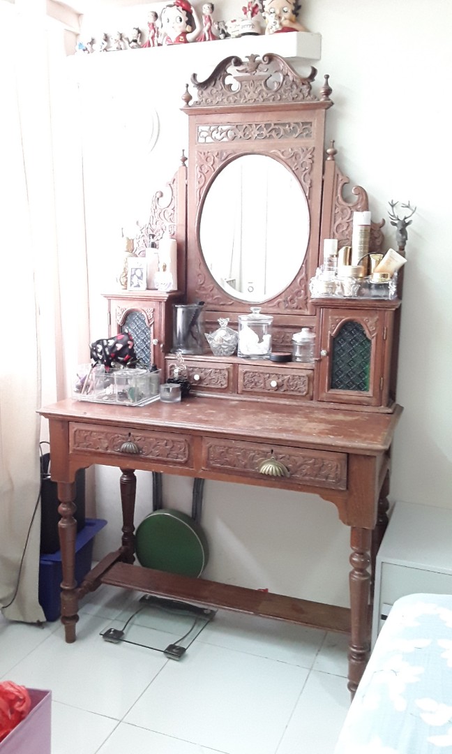 Rare Antique Peranakan Teak Wood Carving Dressing Table Furniture Shelves Drawers On Carousell