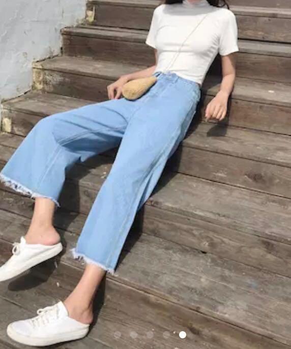 wide leg light blue jeans