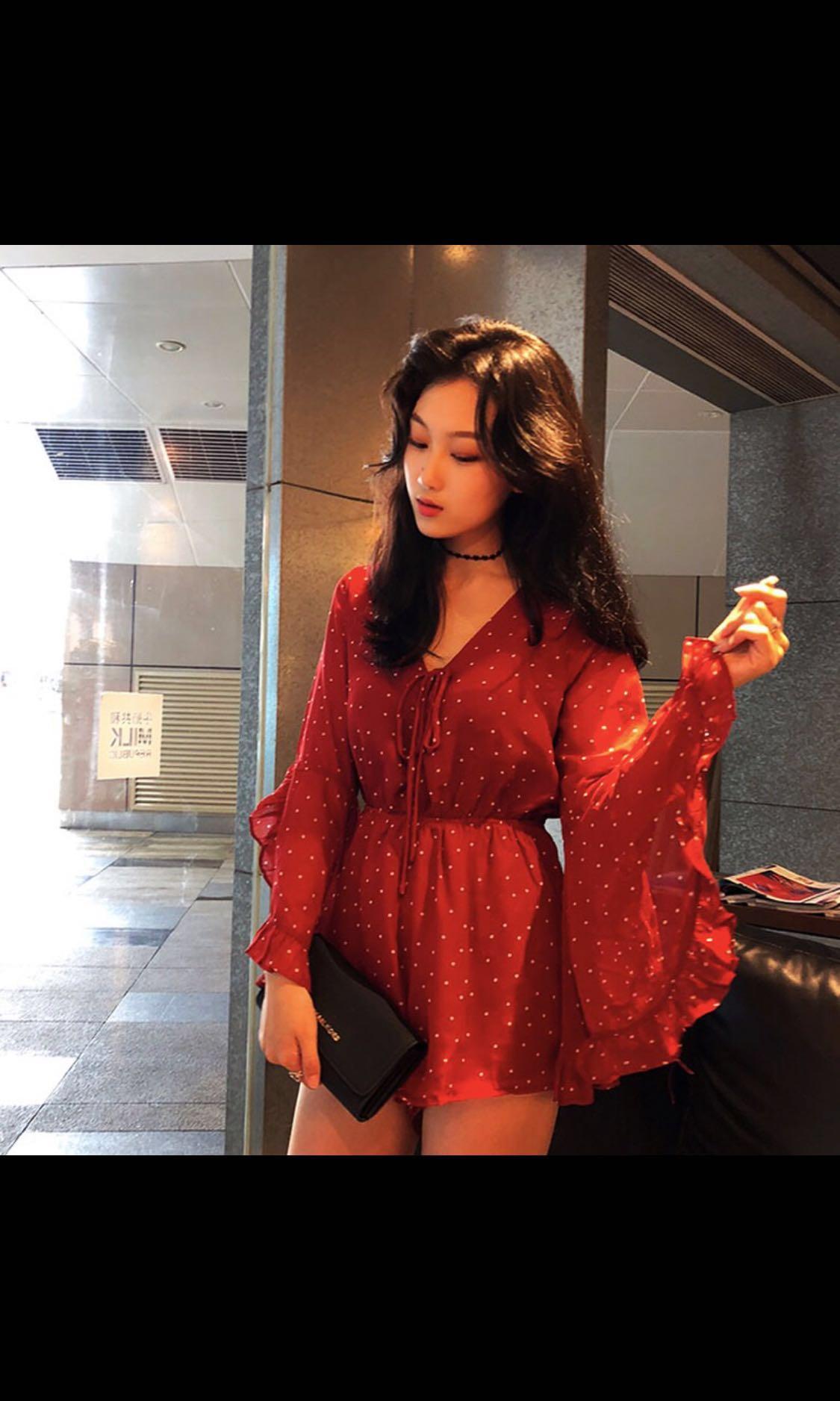 red flowy romper