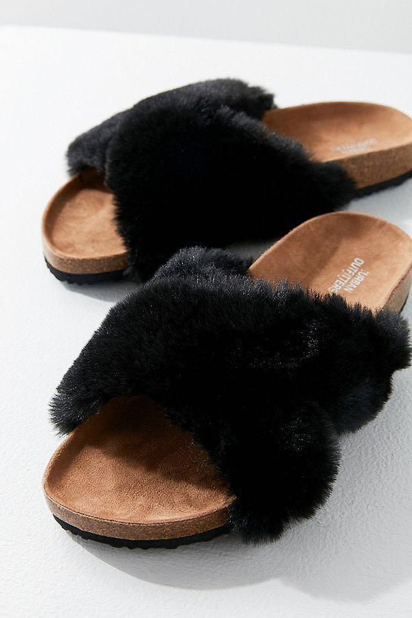 crossed faux fur slide