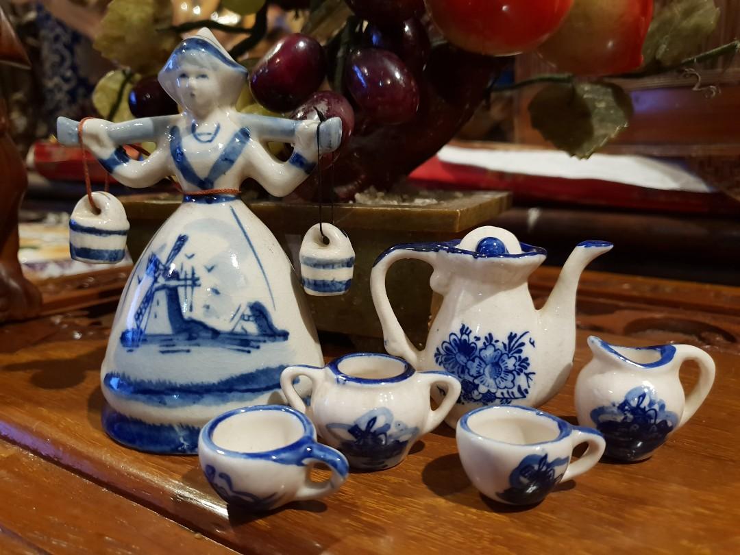 Vintage Holland Dutch porcelain miniature teapot set and milk maid
