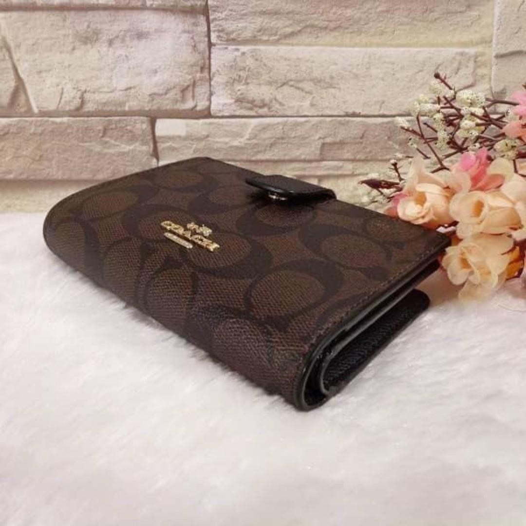 Authentic Coach Medium Corner Zip Wallet in Signature Brown F54023 Women s Fashion Bags Wallets Wallets Card holders on Carousell