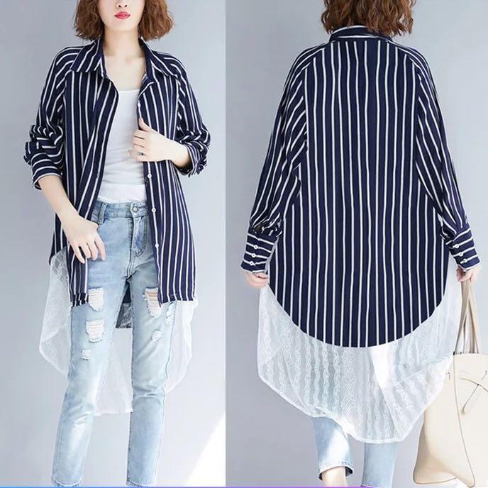 Plus Size Stitching Lace Shirt Striped Long Cardigan Women S Shirt Women S Fashion Clothes Tops On Carousell