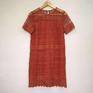 Zalora歐美蕾絲深橘色短袖小洋裝