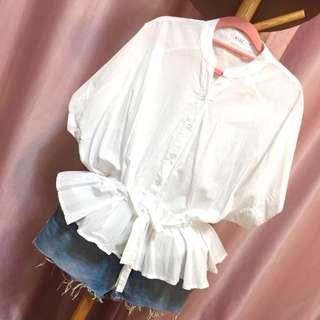 純白氣質 縮腰 連袖 襯衫 棉花糖女孩 尺寸：F  #九月女裝半價