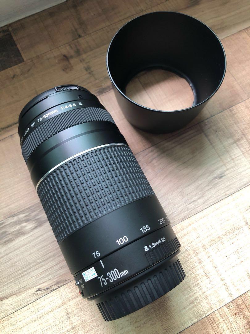 Like New Canon Ef 75 300mm F4 5 6 Iii Lens With Lens Hood 75 300 Photography Lens Kits On Carousell