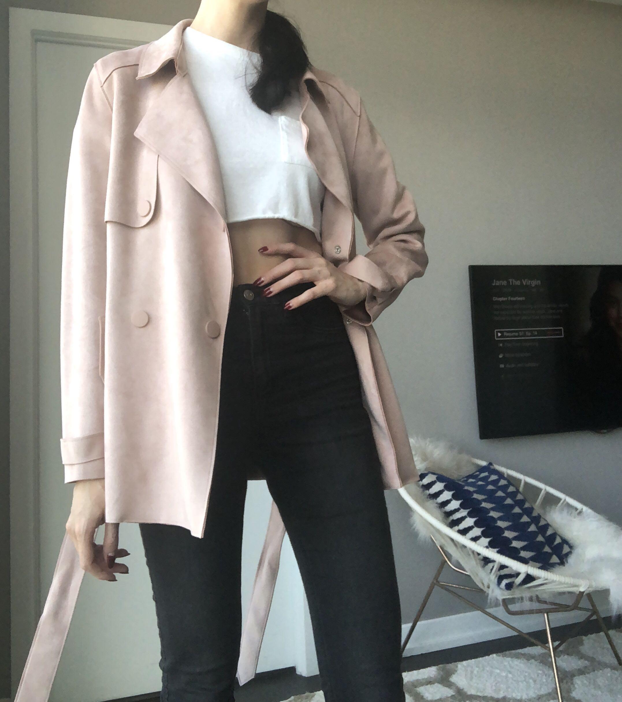 Zara Pink Suede Short Trench Coat size M Women s Fashion Clothes