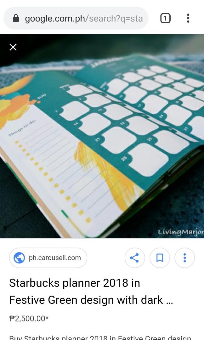 Starbucks planner 2018 dark brown unopened (Category: Stationery & School Supplies) located in Manila. Submitted by twishaishere (Listing ID 190218348, Image 3). Description: Complete package, box unopened With starbucks card, stencil, calendar cup, coupons See pics of how it looks like from photos grabbed from google and my own current planner :) -will attach in a while #starbucks #starbucksplanner #starbucksplanner2018 #planner2018 #2018planner