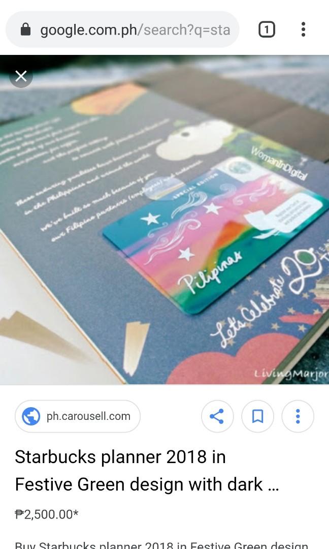 Starbucks planner 2018 dark brown unopened (Category: Stationery & School Supplies) located in Manila. Submitted by twishaishere (Listing ID 190218348, Image 2). Description: Complete package, box unopened With starbucks card, stencil, calendar cup, coupons See pics of how it looks like from photos grabbed from google and my own current planner :) -will attach in a while #starbucks #starbucksplanner #starbucksplanner2018 #planner2018 #2018planner