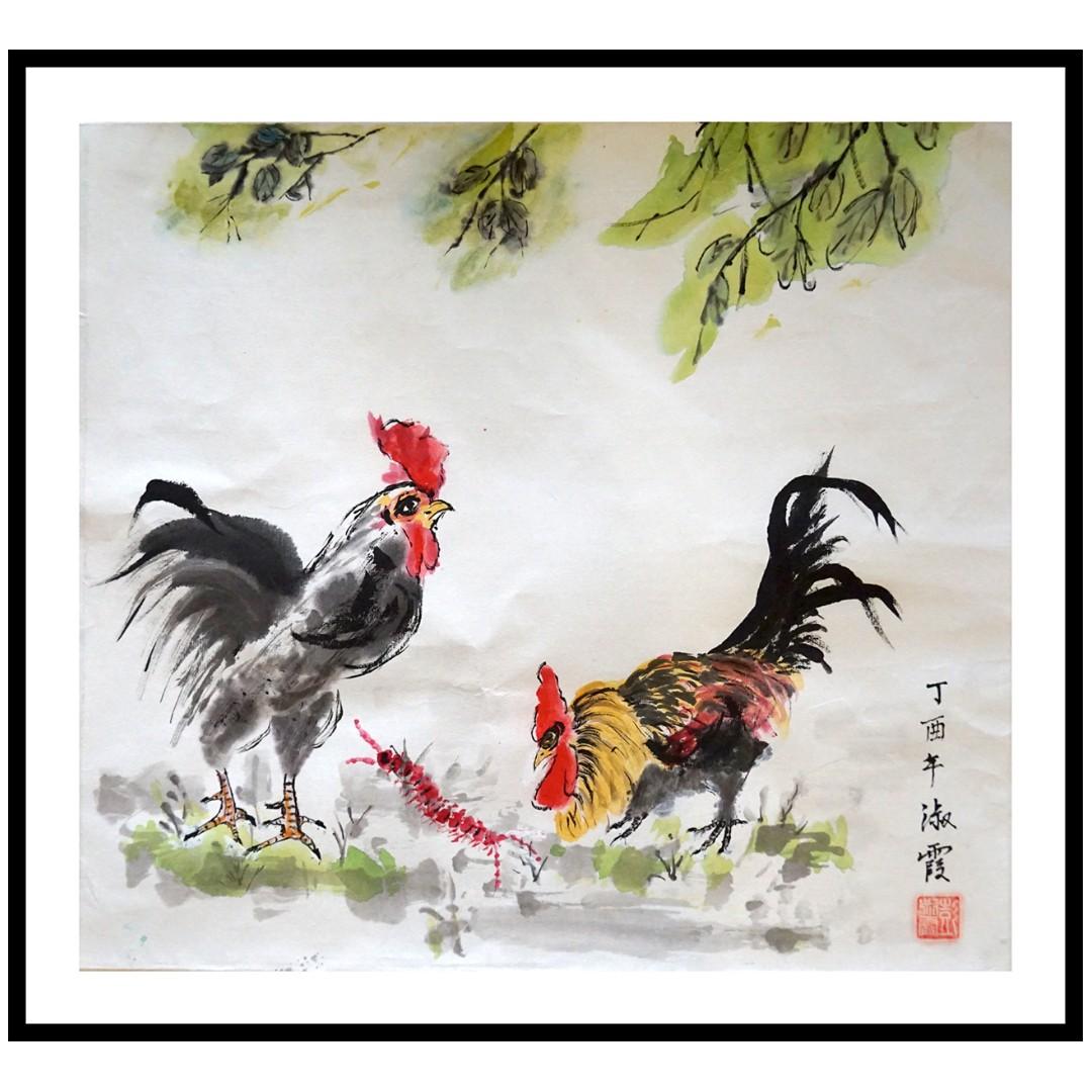 Chinese Art Painting Cocks Centipede Red Black White Wall Decor