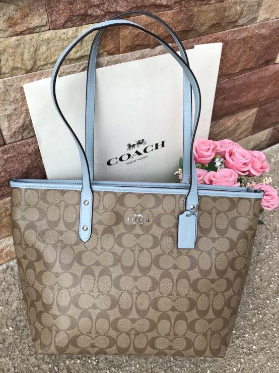 Coach CITY ZIP TOTE IN SIGNATURE CANVAS (COACH F58292) KHAKI/PALE BLUE