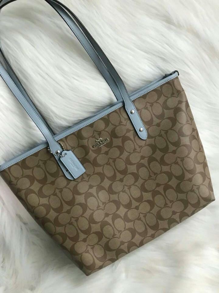 Coach CITY ZIP TOTE IN SIGNATURE CANVAS (COACH F58292) KHAKI/PALE BLUE