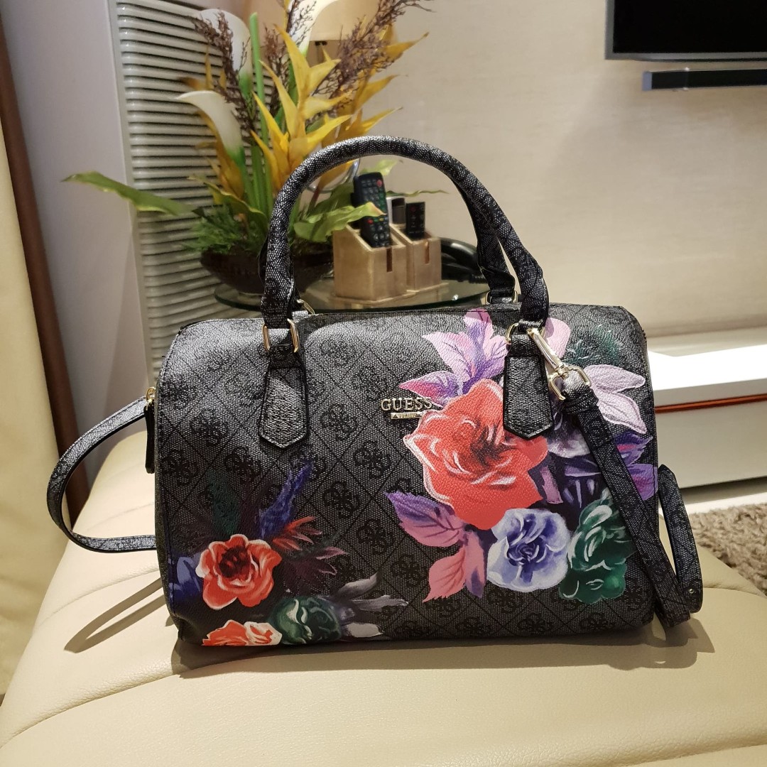 Guess Linnea Box Floral Print Satchel Black