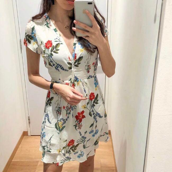 white floral v neck dress