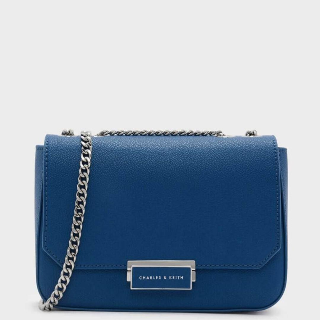 CHARLES KEITH PUSH LOCK CHAIN SLING BAG BLUE