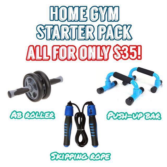 Home Gym Starter Pack Ab Roller Push Up Bar Skipping Rope with
